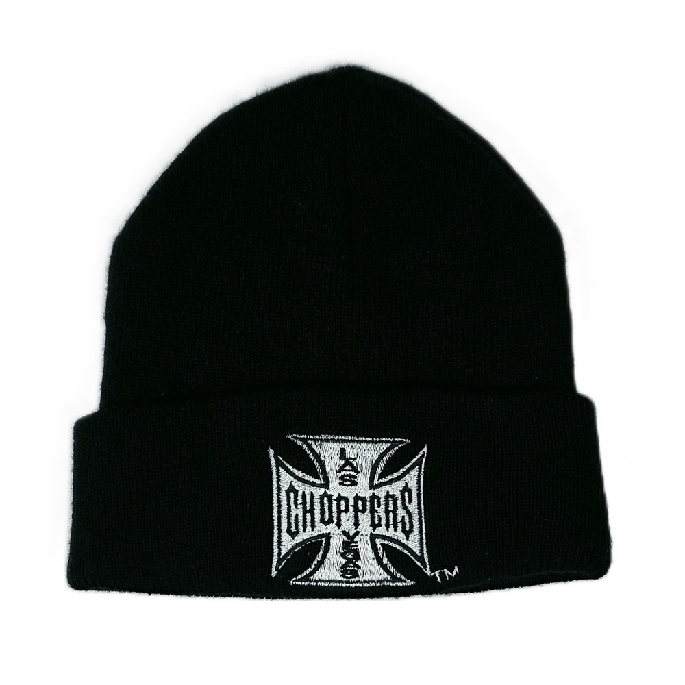Vintage West Coast Choppers Las Vegas Iron Cross Knit Cuffed Beanie Hat Y2K